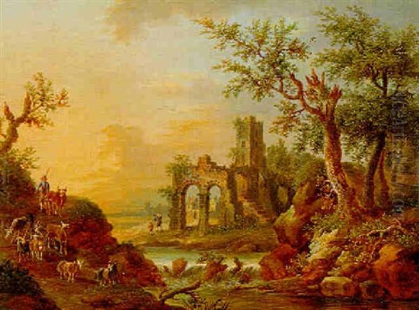 Flusslandschaft Mit Hirten Und Ruine Oil Painting by Christian Georg Schuetz the Younger