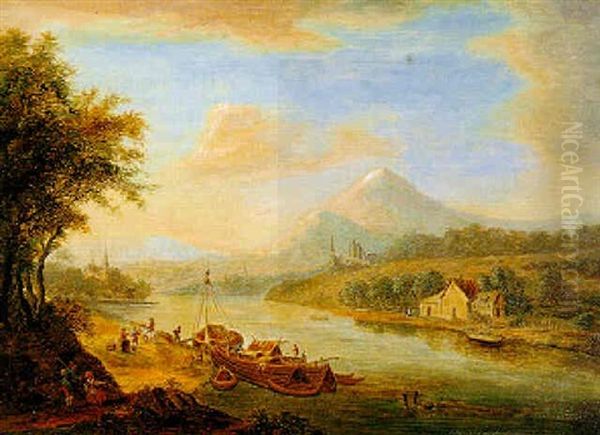 Flusslandschaft Mit Booten Und Wanderern Oil Painting by Christian Georg Schuetz the Younger