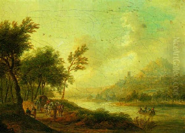 Rhenish Landscape With Travellers Oil Painting by Christian Georg Schuetz the Younger