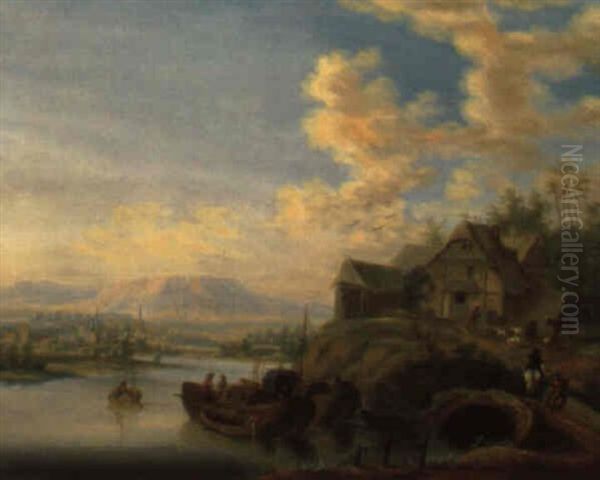 Fluslandschaft Mit Booten Oil Painting by Christian Georg Schuetz the Younger