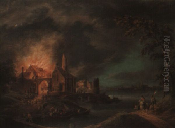 Burning Villages At Night Oil Painting by Christian Georg Schuetz the Younger