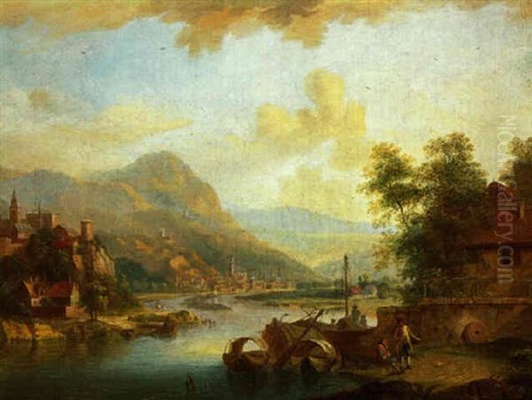 Flusslandschaft Mit Blick Auf Ein Dorf Oil Painting by Christian Georg Schuetz the Younger