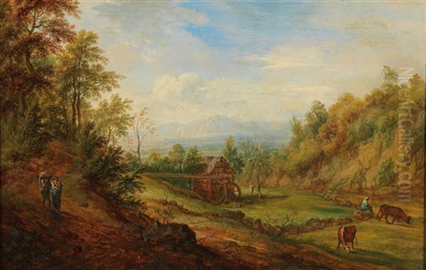 Two Landscapes With Watermill Oil Painting by Franz Schuetz