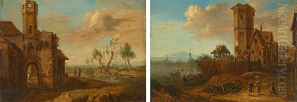 Flusslandschaft Mit Figurenstaffage (+ Another; Pair) Oil Painting by Franz Schuetz