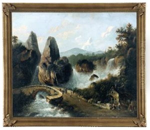 Felslandschaft Mit Wasserfall, Brucke Und Reisenden Oil Painting by Franz Schuetz