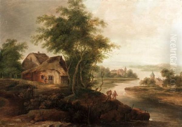 River Landscape With A Cottage Oil Painting by Franz Schuetz