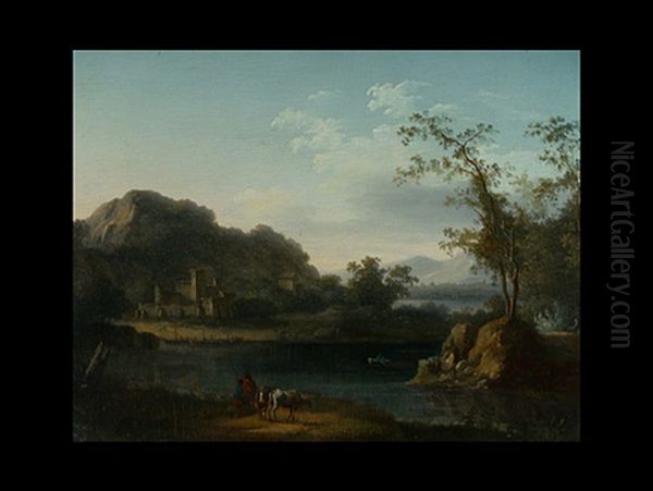 Flusslandschaft Mit Gebauden Und Figurenstaffage Oil Painting by Franz Schuetz