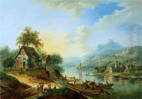 Rheinlandschaft Mit Booten Und Reisenden Oil Painting by Franz Schuetz