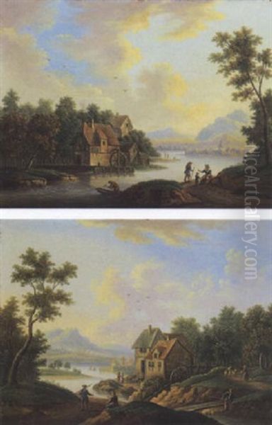 Flusslandschaft Mit Fussgangern Und Fischern Oil Painting by Franz Schuetz