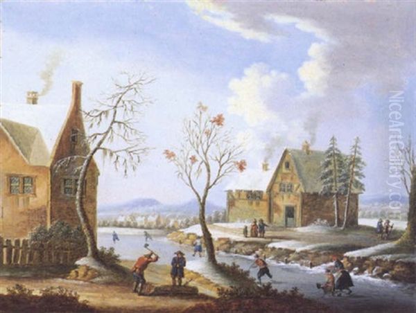 Winterlandschaft Mit Holzhacker Vor Einem Zugefrorenen Flus Oil Painting by Franz Schuetz