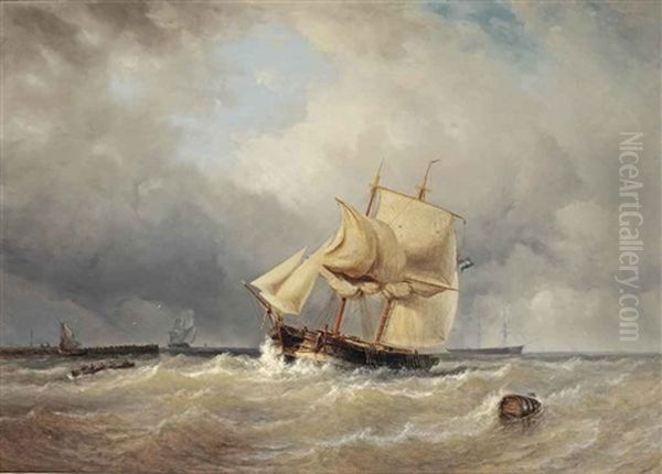 A Dutch Two-master On Choppy Waves Near A Jetty Oil Painting by Johannes Frederick Schuetz