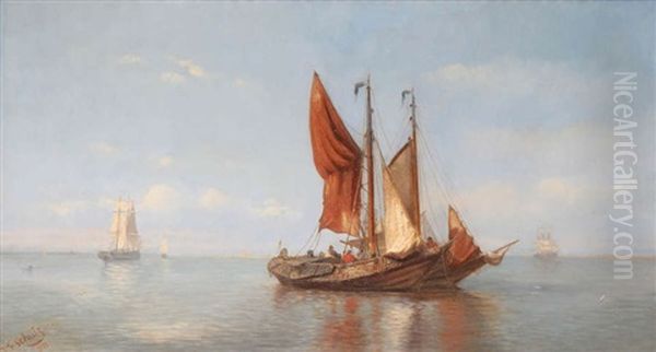 Marine Anime De Bateaux De Pecheurs, Des Trois-mats A L'arriere-plan Oil Painting by Johannes Frederick Schuetz