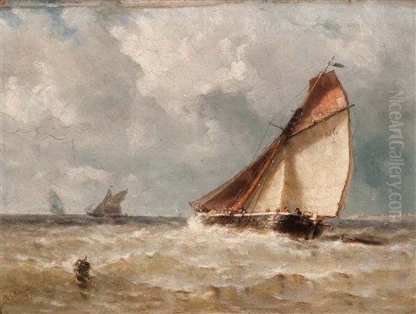 Barges On Choppy Waters Oil Painting by Johannes Frederick Schuetz