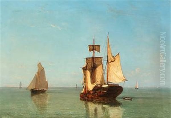 Calm Summer Day With Sailing Ships At Sea Oil Painting by Johannes Frederick Schuetz