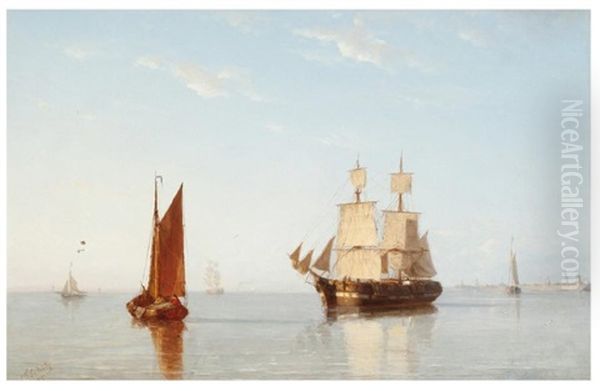 Voilier Au Large Des Cotes Oil Painting by Johannes Frederick Schuetz