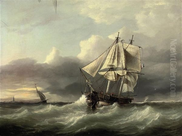 A French Coastal Trader Anchored In A Heavy Swell Off The Low Countries Oil Painting by Johannes Frederick Schuetz