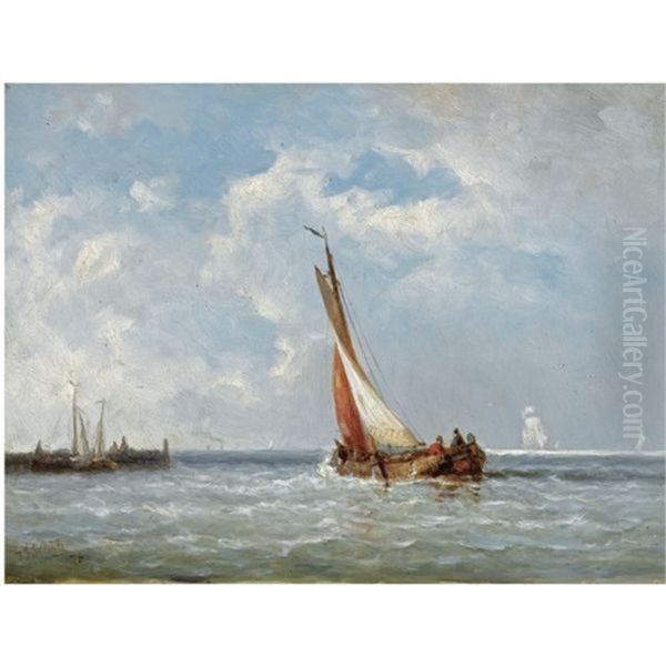 Shipping In An Estuary Oil Painting by Johannes Frederick Schuetz