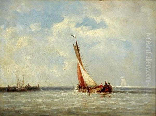 Fishing Boats In A Calm Oil Painting by Johannes Frederick Schuetz