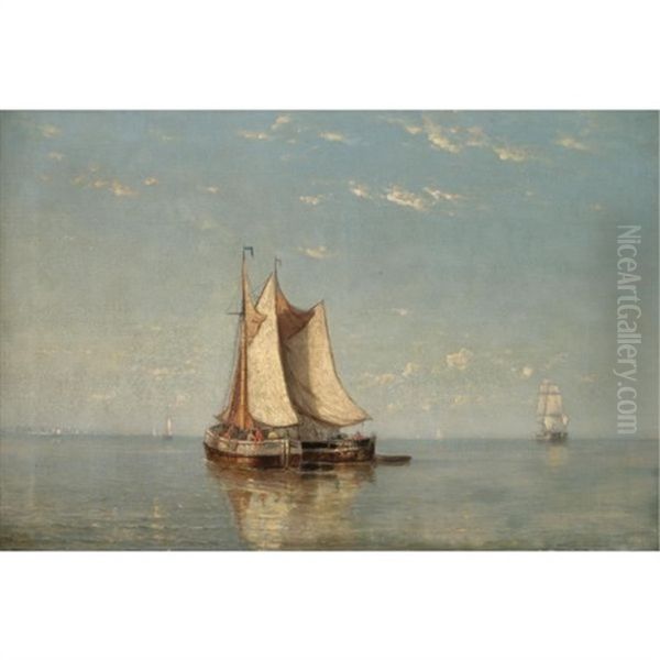 Fishing Boats In A Calm Oil Painting by Johannes Frederick Schuetz