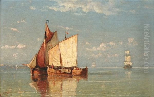 Barques Sur L'eau Oil Painting by Johannes Frederick Schuetz