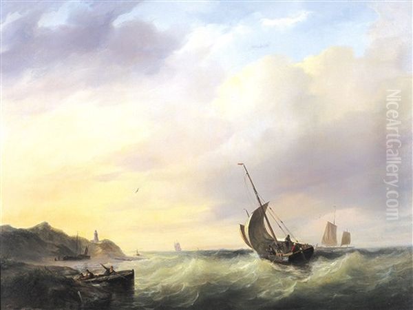 Boten Voor De Kust Oil Painting by Johannes Frederick Schuetz