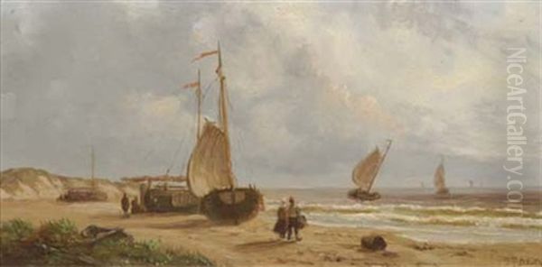 A Sunlit Beach Oil Painting by Johannes Frederick Schuetz