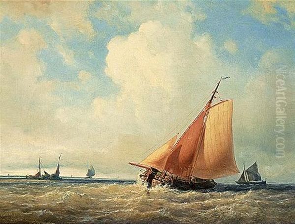 A Sailing Vessel At Full Sail Oil Painting by Johannes Frederick Schuetz