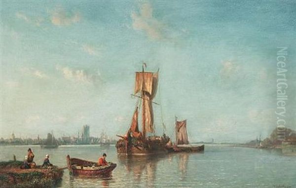 Shipping In An Estuary Oil Painting by Johannes Frederick Schuetz