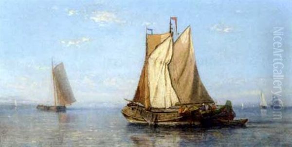 Barges Becalmed On The Estuary Oil Painting by Johannes Frederick Schuetz