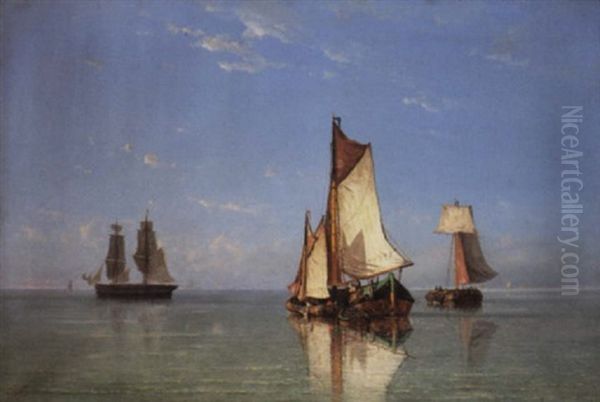 Dutch Small Craft And A Brig Drying Their Sails In A Calm Oil Painting by Johannes Frederick Schuetz