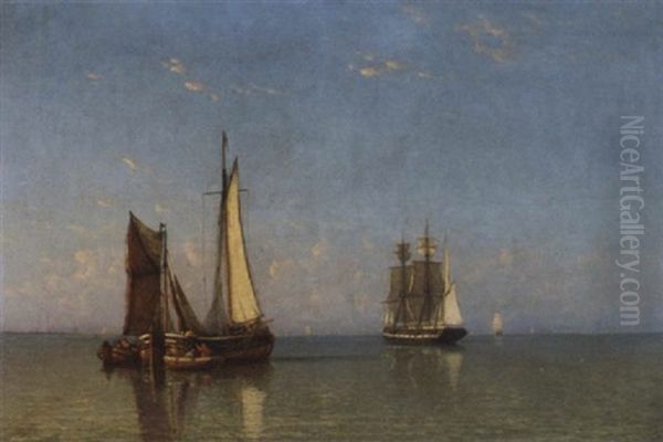 A Coastal Trader And A Fishing Barge In Calm Waters At Dawn Oil Painting by Johannes Frederick Schuetz