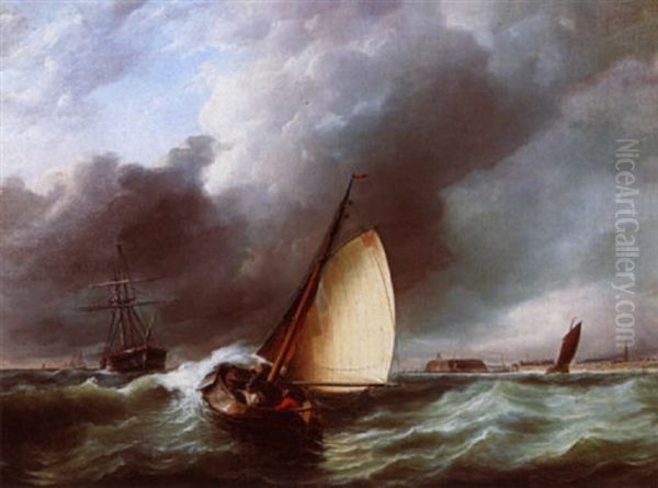 Shipping In A Swell Oil Painting by Johannes Frederick Schuetz