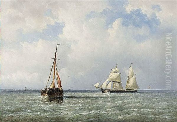 A Pink And A Schooner In A Breeze Oil Painting by Johannes Frederick Schuetz