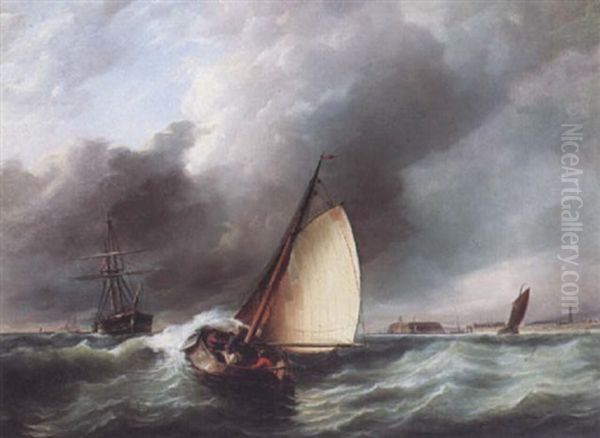 Shipping In A Swell Oil Painting by Johannes Frederick Schuetz