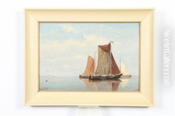 Fishing Boats On Water Oil Painting by Willem Joannes Schuetz