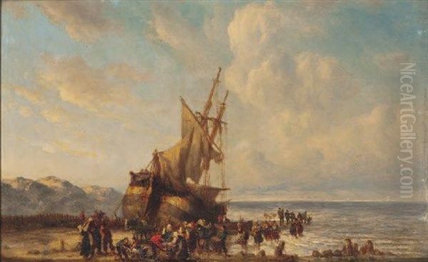 Bateau A Voiles Echoue Oil Painting by Willem Joannes Schuetz