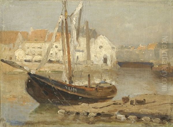 Moored Ship In An Inner Harbour Oil Painting by Willem Joannes Schuetz