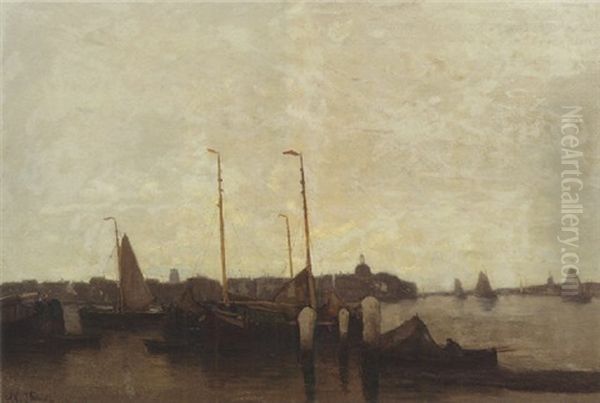 Sailing Vessels On The Water With Dordrecht Beyond Oil Painting by Willem Joannes Schuetz