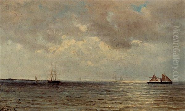 Ships At Sea Oil Painting by Willem Joannes Schuetz