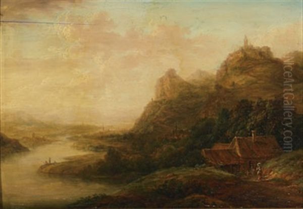 Extensive Rhine Scene Oil Painting by Franz Schuetz