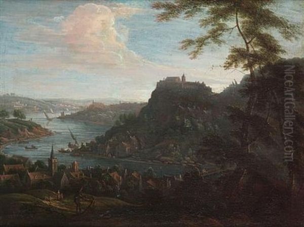 An Extensive Rhenish River Landscape With A Hilltop Village In The Distance Oil Painting by Franz Schuetz