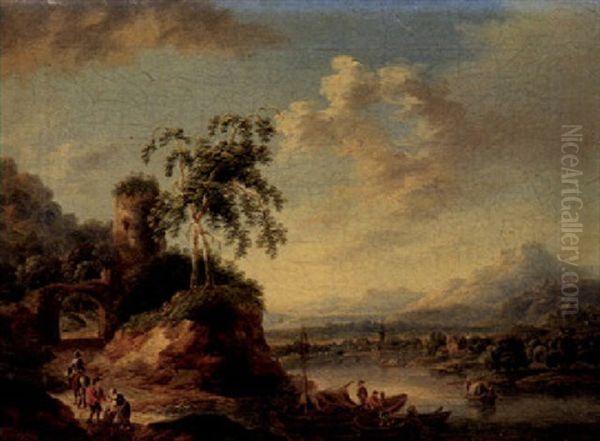 Flusslandschaft Mit Schiffen Und Figuren Oil Painting by Franz Schuetz