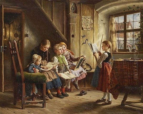 Children School Five Children Playing To Be At School Oil Painting by Wilhelm Schuetze