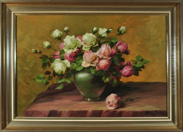 Stilleben Mit Weisen Und Rosafarbenen Rosen In Einer Bauchigen Steingutvase Auf Einem Tisch Oil Painting by Wilhelm Schuetze