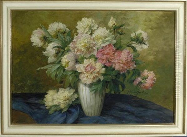 Pfingstrosen In Einer Vase Auf Einem Tisch Mit Blauer Decke Oil Painting by Wilhelm Schuetze