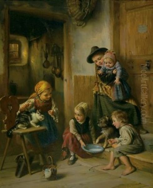 Komm' Katzchen, Trink! Oil Painting by Wilhelm Schuetze