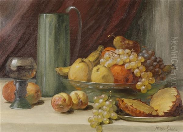 Stillleben Mit Kanne, Einem Glas Wein Und Fruchten Oil Painting by Wilhelm Johann Schuetze