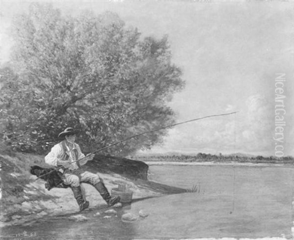 Flusslandschaft Mit Einem Angler Oil Painting by Louis Frederic Schuetzenberger