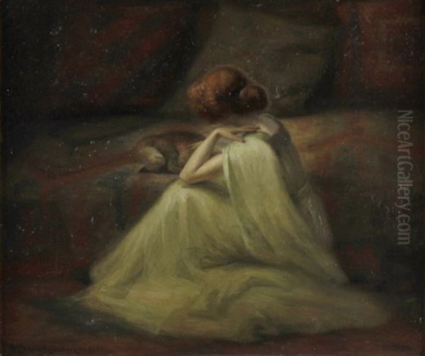 Eine Elegante Dame Streichelt Ihre Katze, Die Neben Ihr Auf Einem Bett Liegt Oil Painting by Paul Rene Schuetzenberger