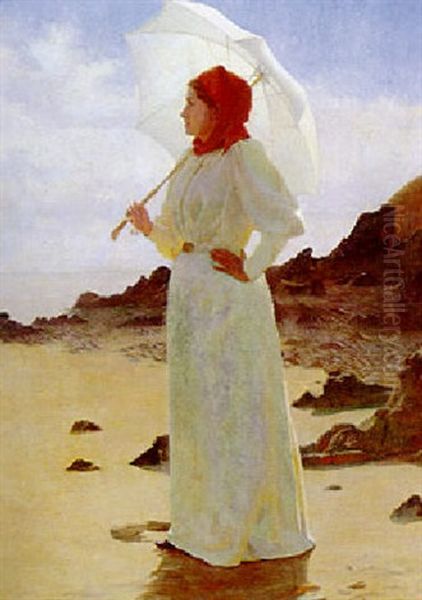 Elegante A L'ombrelle Sur La Plage Oil Painting by Paul Rene Schuetzenberger